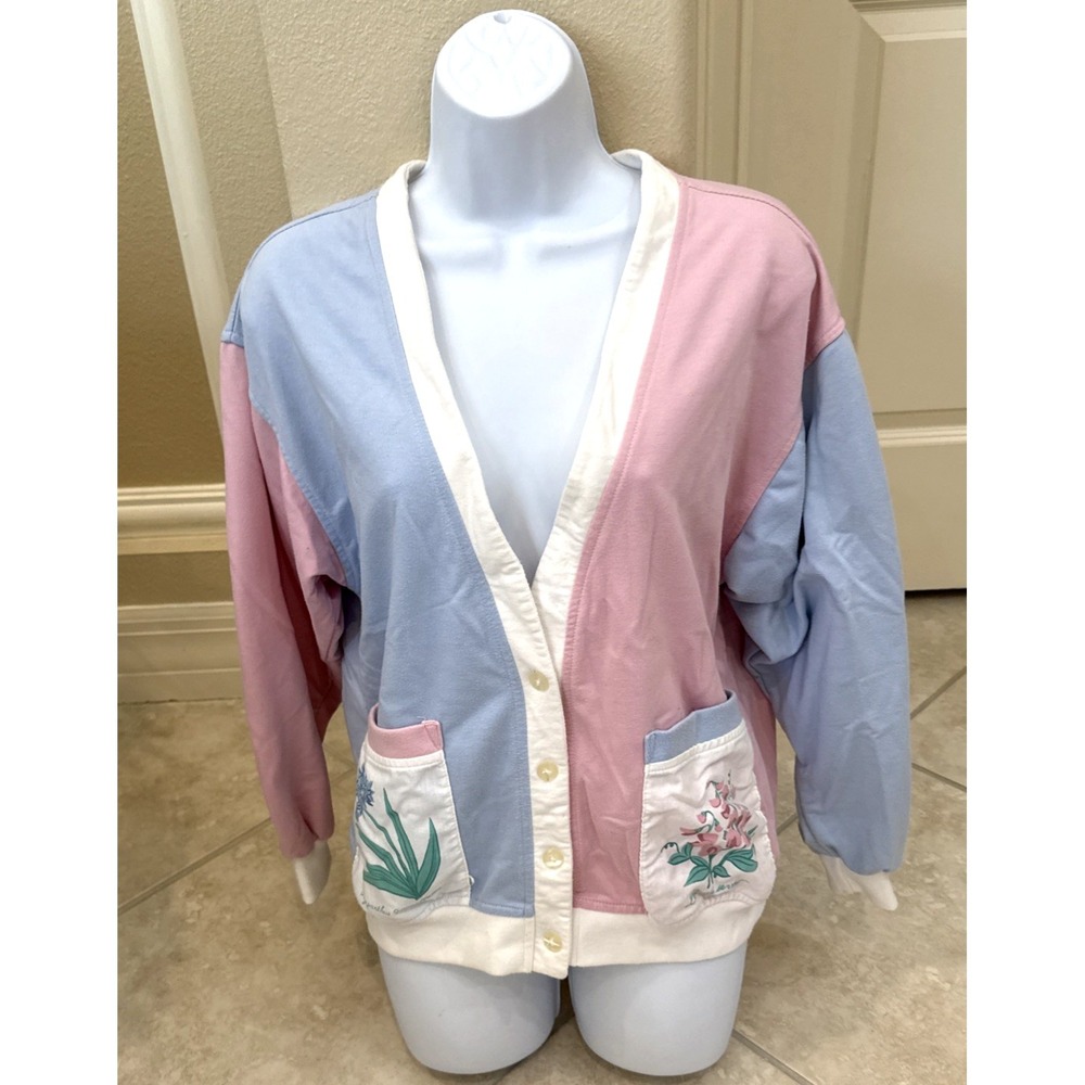 VTG Jantzen Womens Pastel Color block Cardigan Sz S Pale Pink Blue Pocket Floral